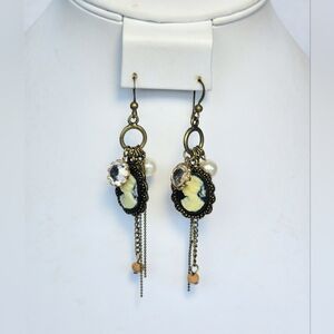 Cameo Faux Pearl Crystal Antiqued Goldtone Dangle French Hook Earrings NWOT